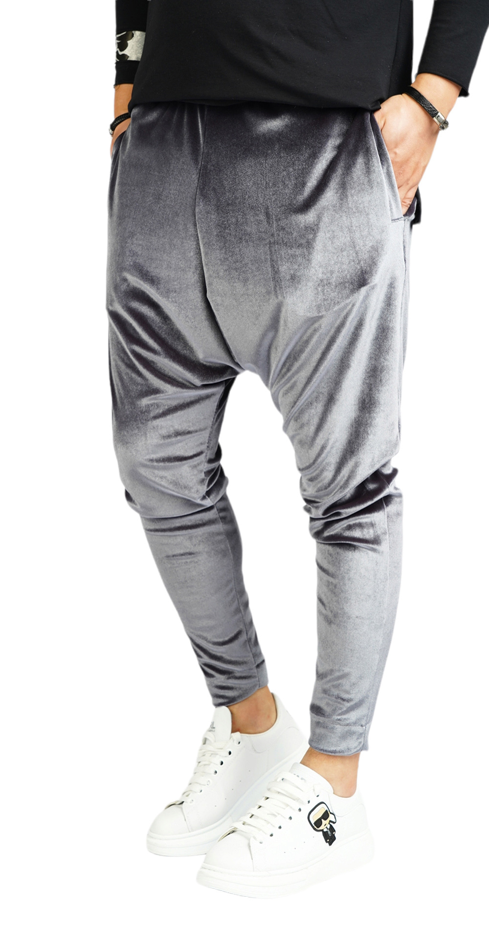 Pantaloni cu turul lasat din catifea fina metalica NOT-FOR-EVERYONE MPL5912 Pantaloni cu turul lasat din catifea fina metalica MPL5912