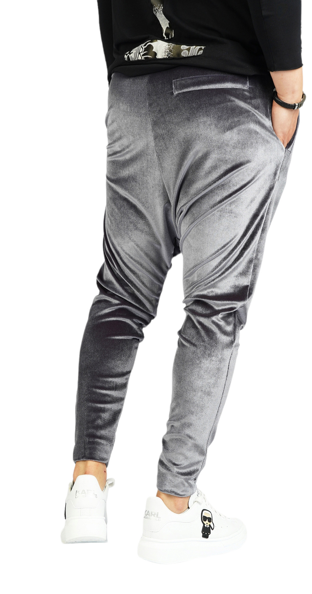 Pantaloni cu turul lasat din catifea fina metalica NOT-FOR-EVERYONE MPL5912 Pantaloni cu turul lasat din catifea fina metalica MPL5912