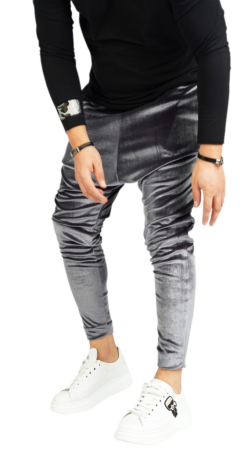 Pantaloni cu turul lasat din catifea fina metalica MPL5912
