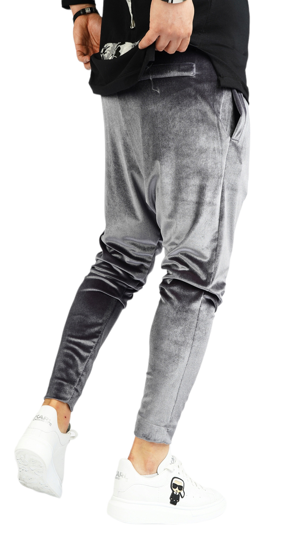 Pantaloni cu turul lasat din catifea fina metalica NOT-FOR-EVERYONE MPL5912 Pantaloni cu turul lasat din catifea fina metalica MPL5912