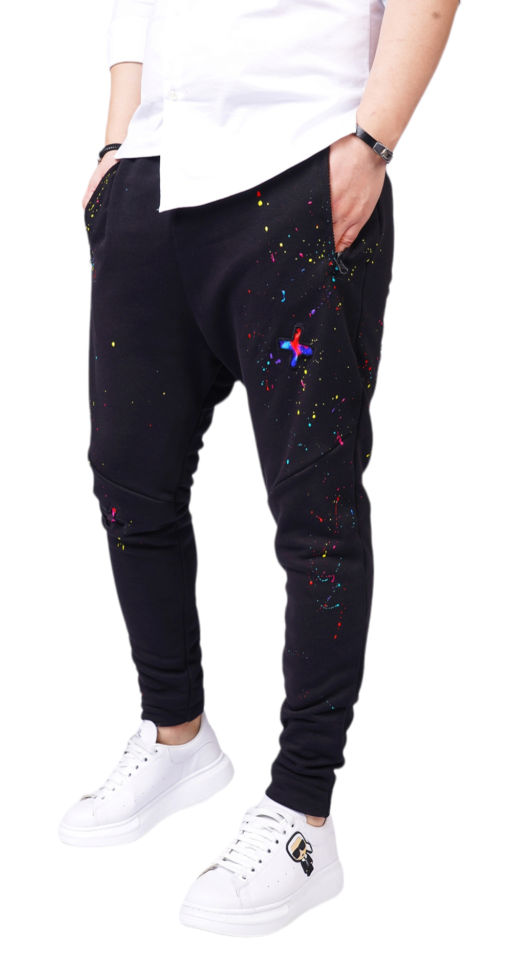 Pantaloni cu stropi de culoare si insertii in X pantaloni MPL6108 Pantaloni cu stropi de culoare si insertii in X MPL6108