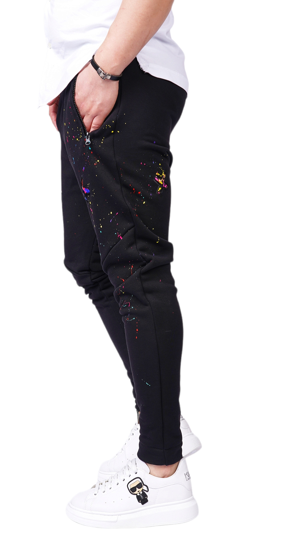 Pantaloni cu stropi de culoare si insertii in X pantaloni MPL6108 Pantaloni cu stropi de culoare si insertii in X MPL6108