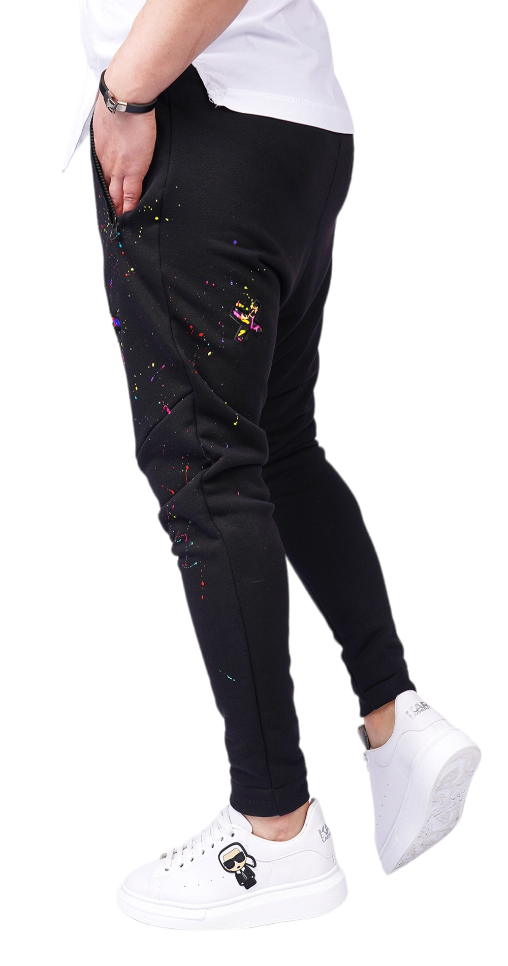 Pantaloni cu stropi de culoare si insertii in X pantaloni MPL6108 Pantaloni cu stropi de culoare si insertii in X MPL6108