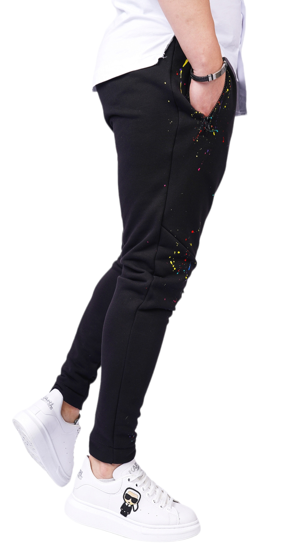 Pantaloni cu stropi de culoare si insertii in X pantaloni MPL6108 Pantaloni cu stropi de culoare si insertii in X MPL6108