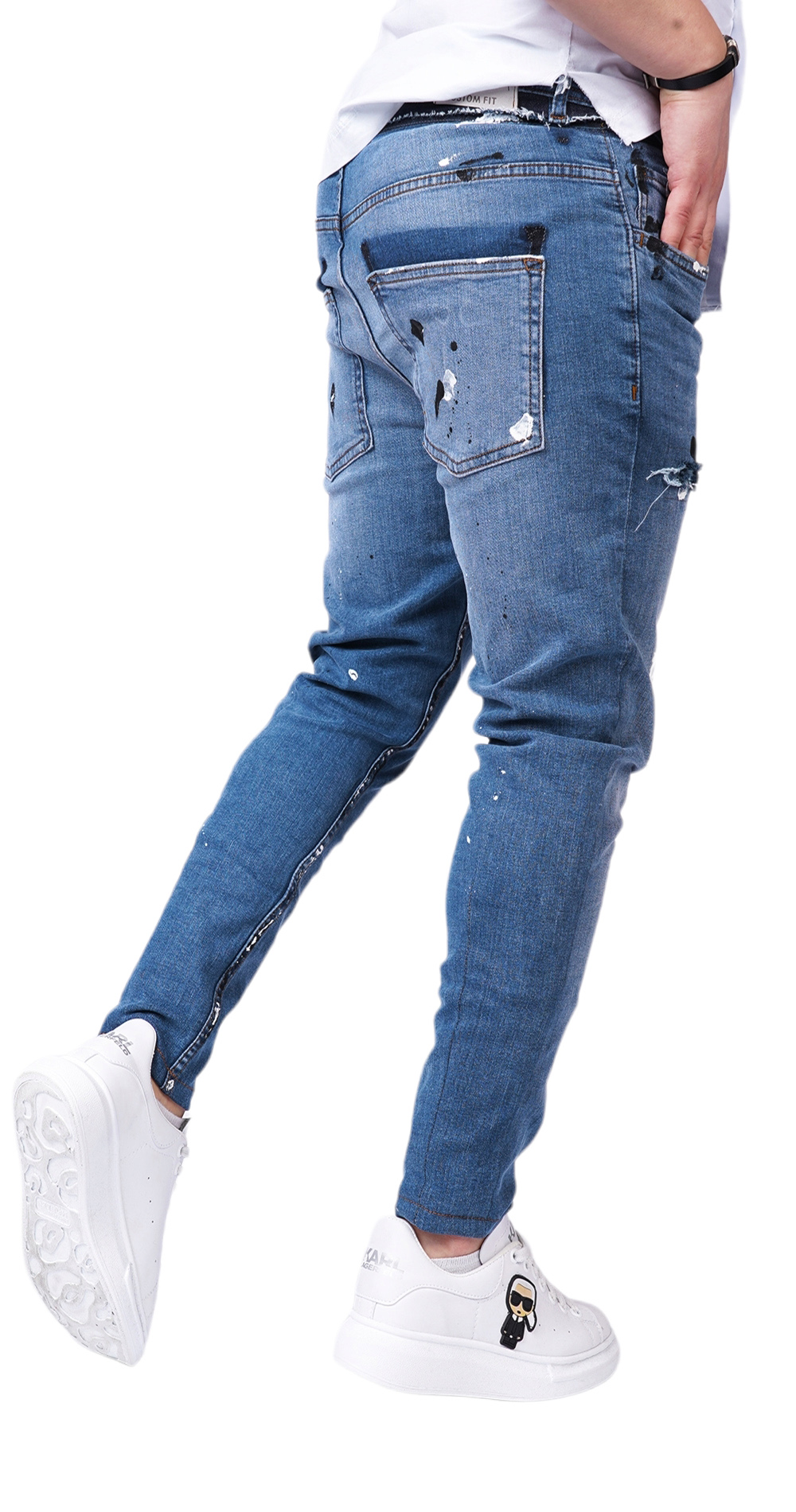 Blugi albastru-deschis, elemente handmade, material stretch jeans MJL6124 Blugi albastru-deschis, elemente handmade, material stretch MJL6124