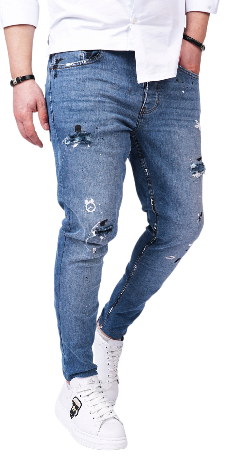 Blugi albastru-deschis, elemente handmade, material stretch jeans MJL6124 Blugi albastru-deschis, elemente handmade, material stretch MJL6124