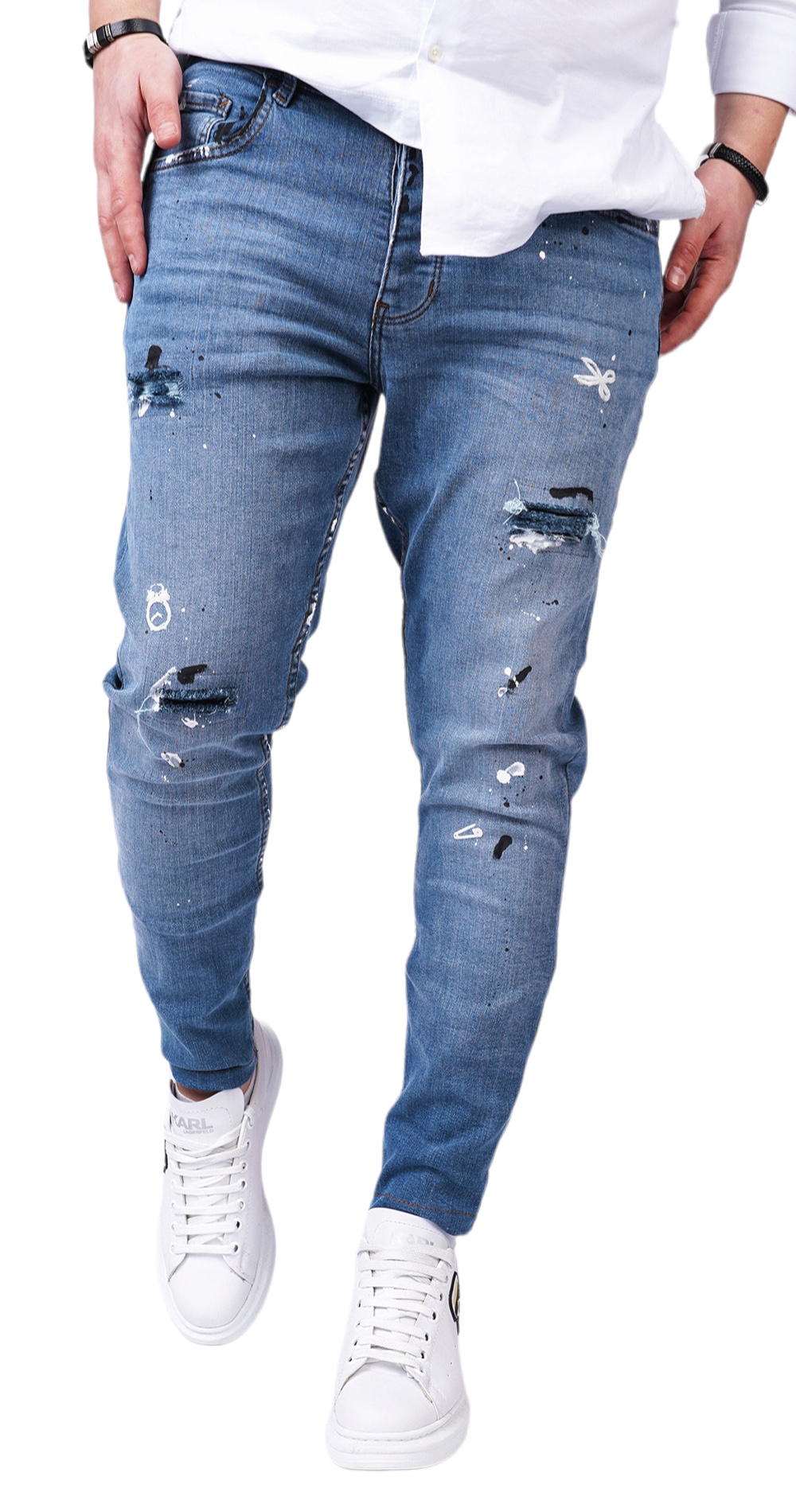 Blugi albastru-deschis, elemente handmade, material stretch jeans MJL6124 Blugi albastru-deschis, elemente handmade, material stretch MJL6124