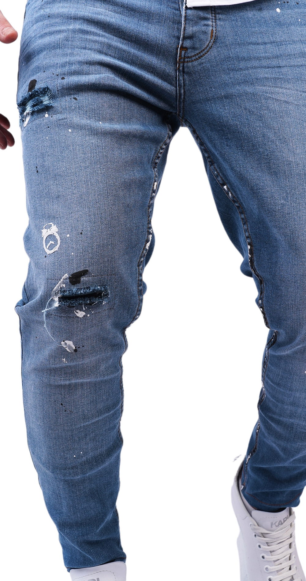 Blugi albastru-deschis, elemente handmade, material stretch jeans MJL6124 Blugi albastru-deschis, elemente handmade, material stretch MJL6124