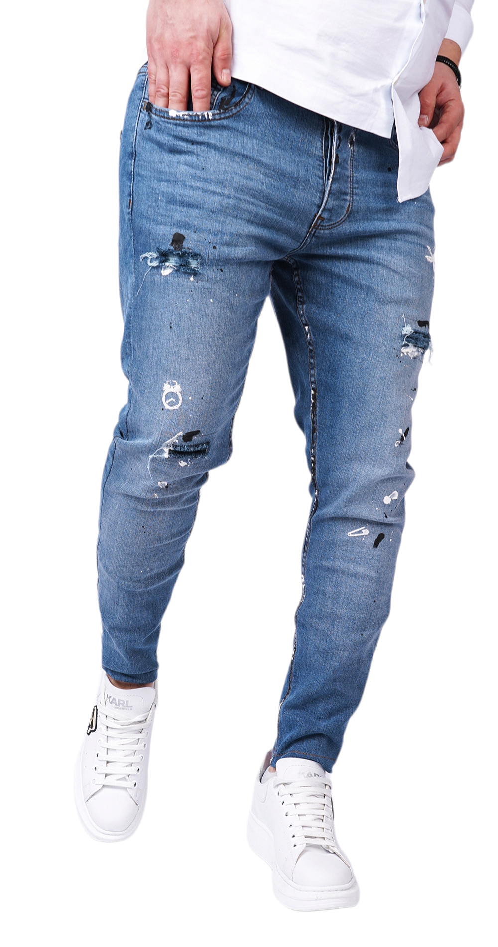 Blugi albastru-deschis, elemente handmade, material stretch jeans MJL6124 Blugi albastru-deschis, elemente handmade, material stretch MJL6124