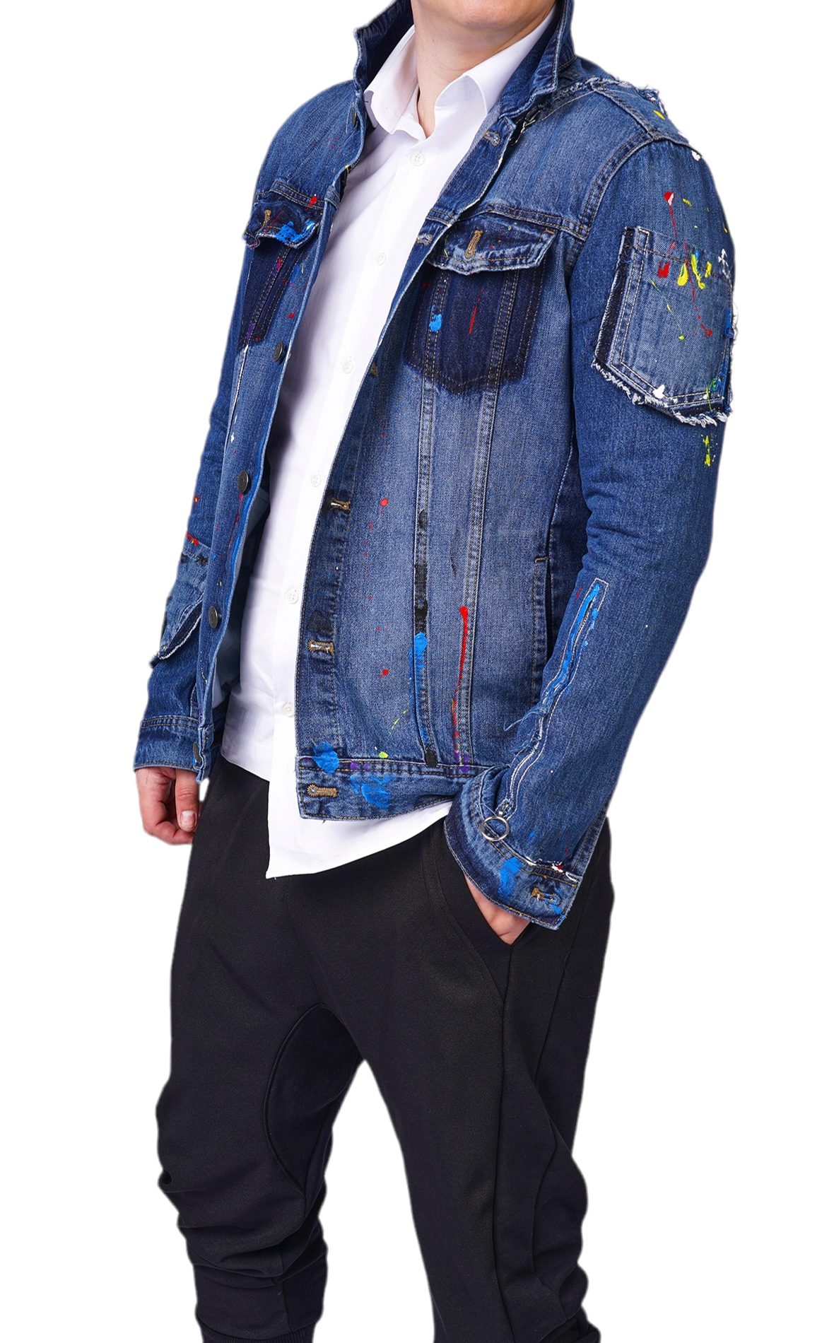 Geaca blugi cu elemente pictate manual si elemente distressed MGL6131