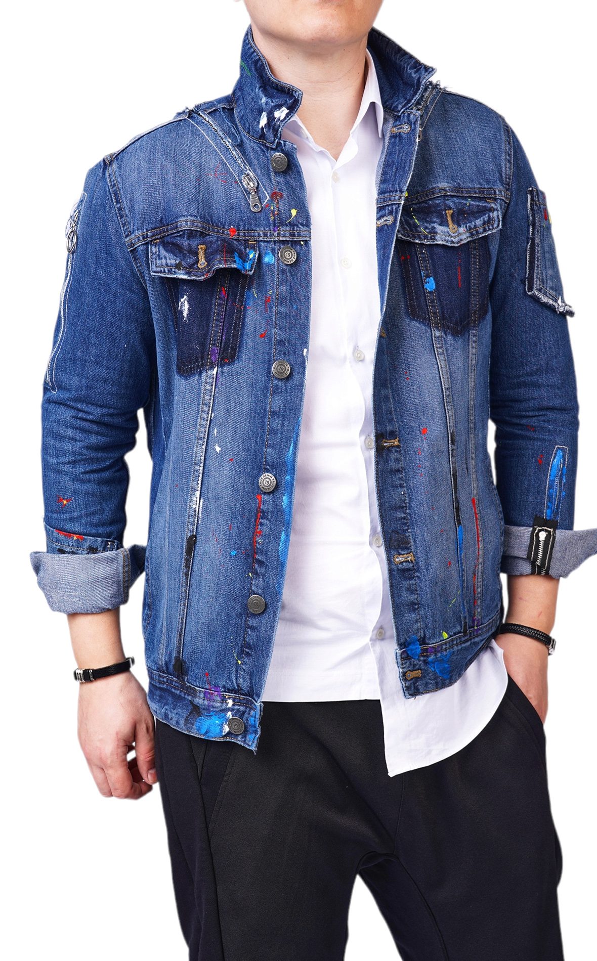 Geaca blugi cu elemente pictate manual si elemente distressed MGL6131