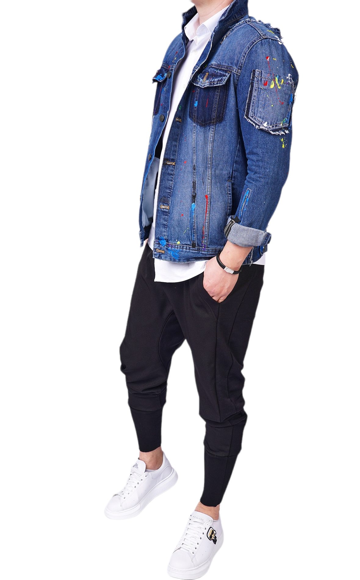 Geaca blugi cu elemente pictate manual si elemente distressed MGL6131