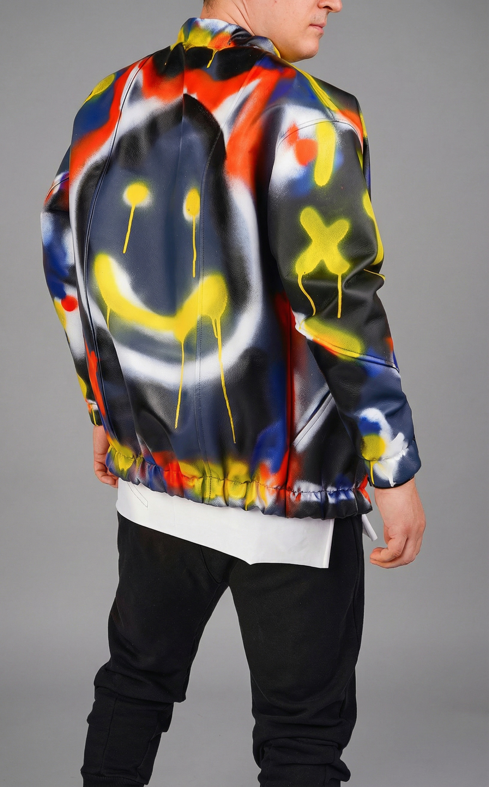 Geaca din piele, tip hi-bomber, pictata manual FESTIVAL-EVENTS MGL6443 Geaca din piele, tip hi-bomber, pictata manual MGL6443