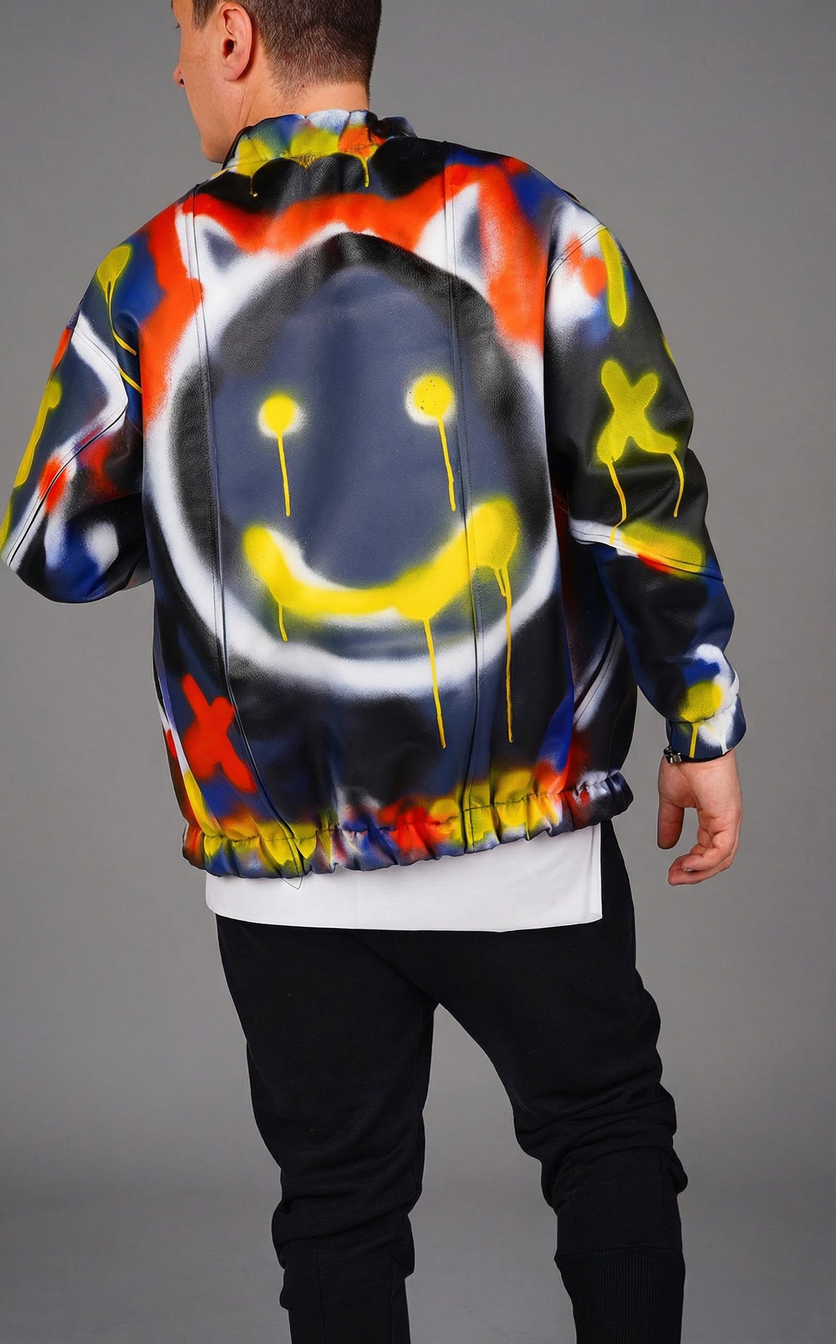 Geaca din piele, tip hi-bomber, pictata manual FESTIVAL-EVENTS MGL6443 Geaca din piele, tip hi-bomber, pictata manual MGL6443