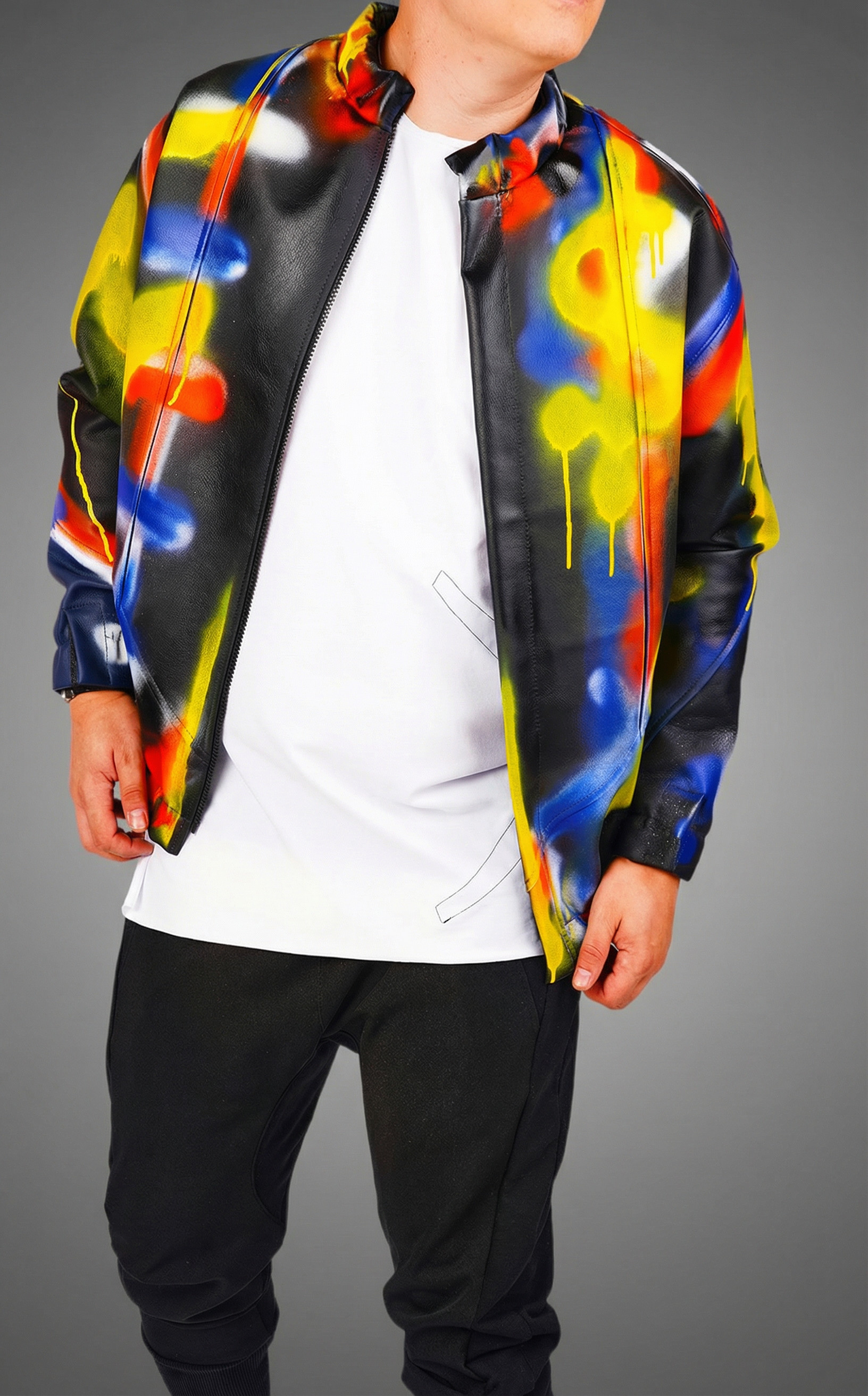 Geaca din piele, tip hi-bomber, pictata manual FESTIVAL-EVENTS MGL6443 Geaca din piele, tip hi-bomber, pictata manual MGL6443