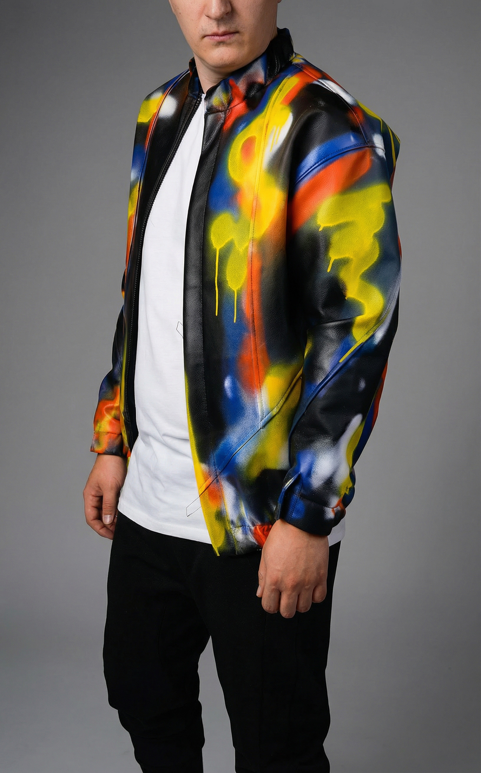 Geaca din piele, tip hi-bomber, pictata manual FESTIVAL-EVENTS MGL6443 Geaca din piele, tip hi-bomber, pictata manual MGL6443