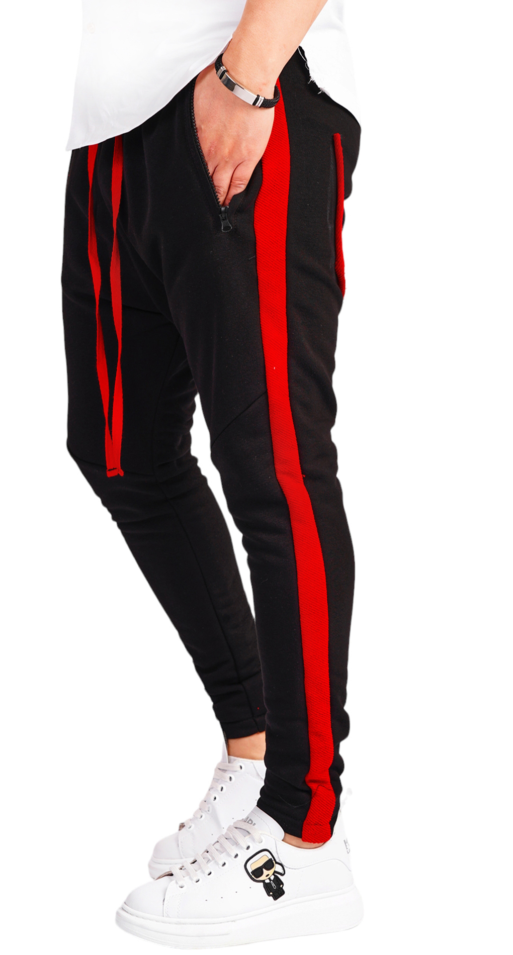 Pantaloni cu semi-tur si siret rosu MPL6511 Pantaloni cu semi-tur si siret rosu MPL6511