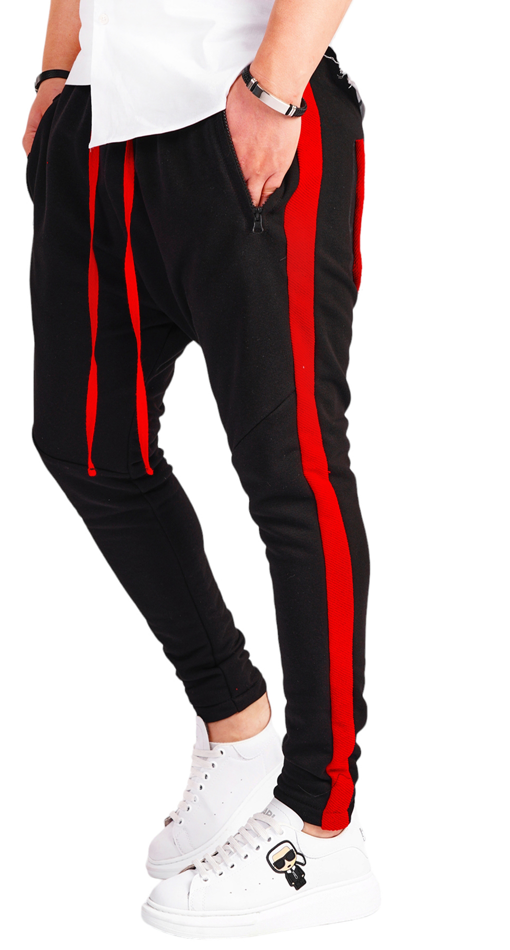 Pantaloni cu semi-tur si siret rosu MPL6511 Pantaloni cu semi-tur si siret rosu MPL6511