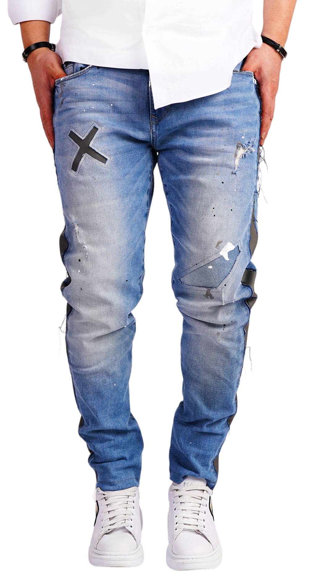 Blugi pentru barbati cu insertii de piele 7-Ani MJL6520 Blugi pentru barbati cu insertii de piele MJL6520