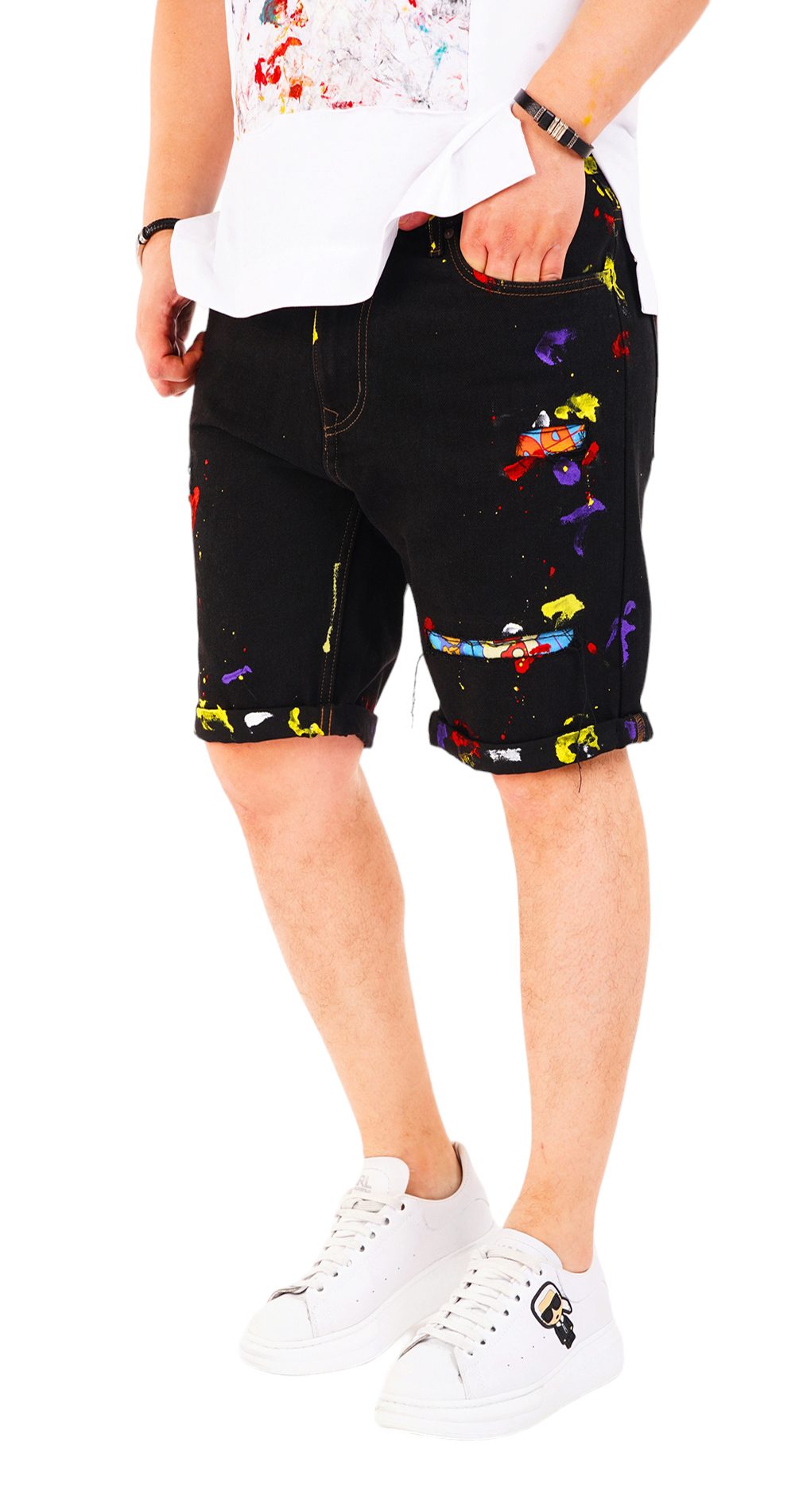 Blugi scurti negri cu stropi de culoare MSL6608