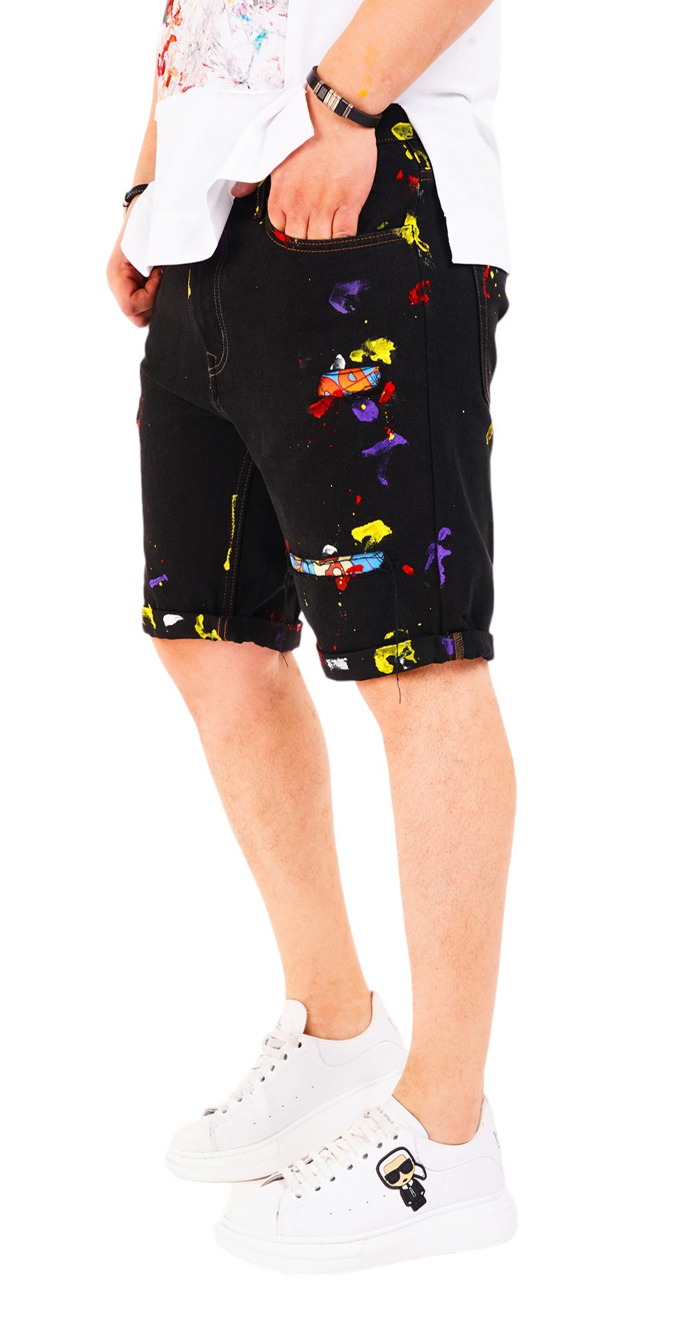 Blugi scurti negri cu stropi de culoare MSL6608