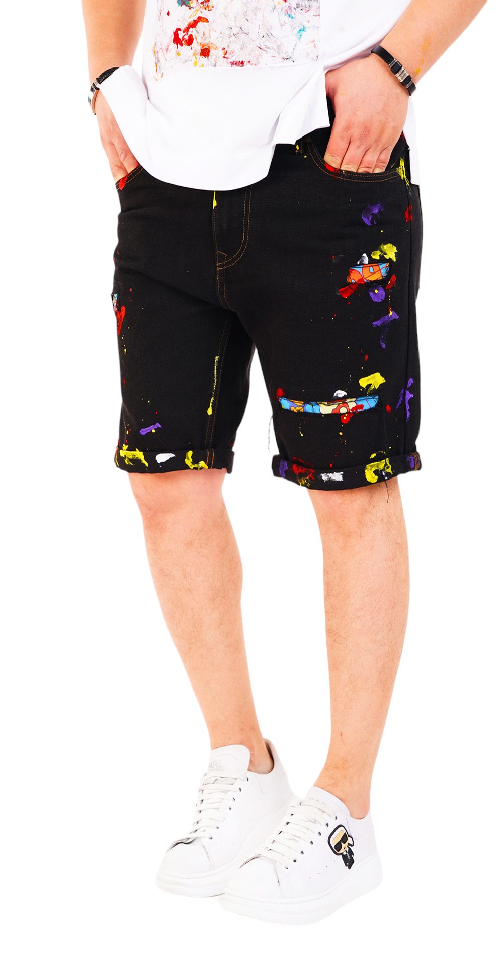 Blugi scurti negri cu stropi de culoare MSL6608